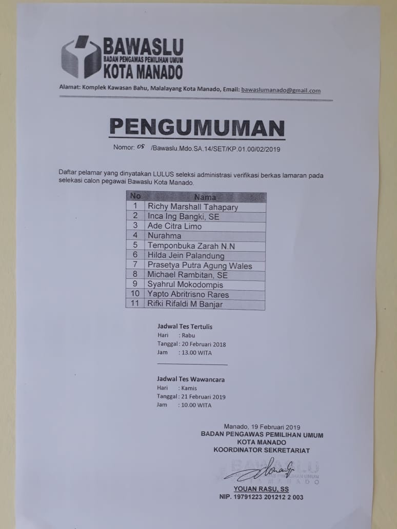 Calon PPNPNS Bawaslu Manado Lolos Berkas