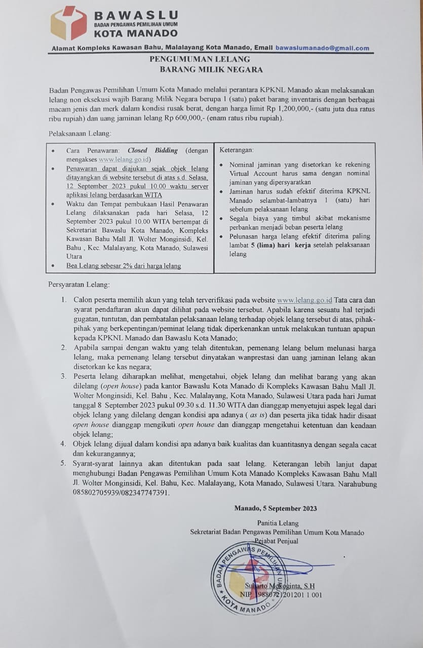 Bawaslu Kota Manado Melalui KPKNL Manado, Akan Melaksanakan Lelang Non Eksekusi Wajib Barang Milik Negara (BMN)
